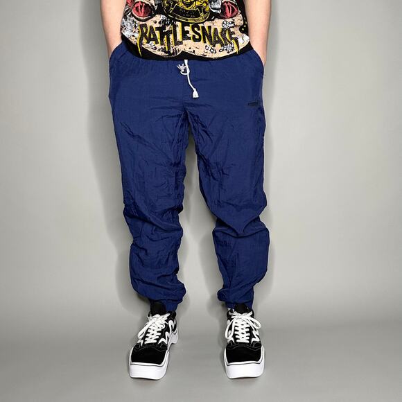 Vintage 90s Puma Track Pants Mens S Navy Blue Nylon Joggers White Drawstrings - Picture 2 of 4